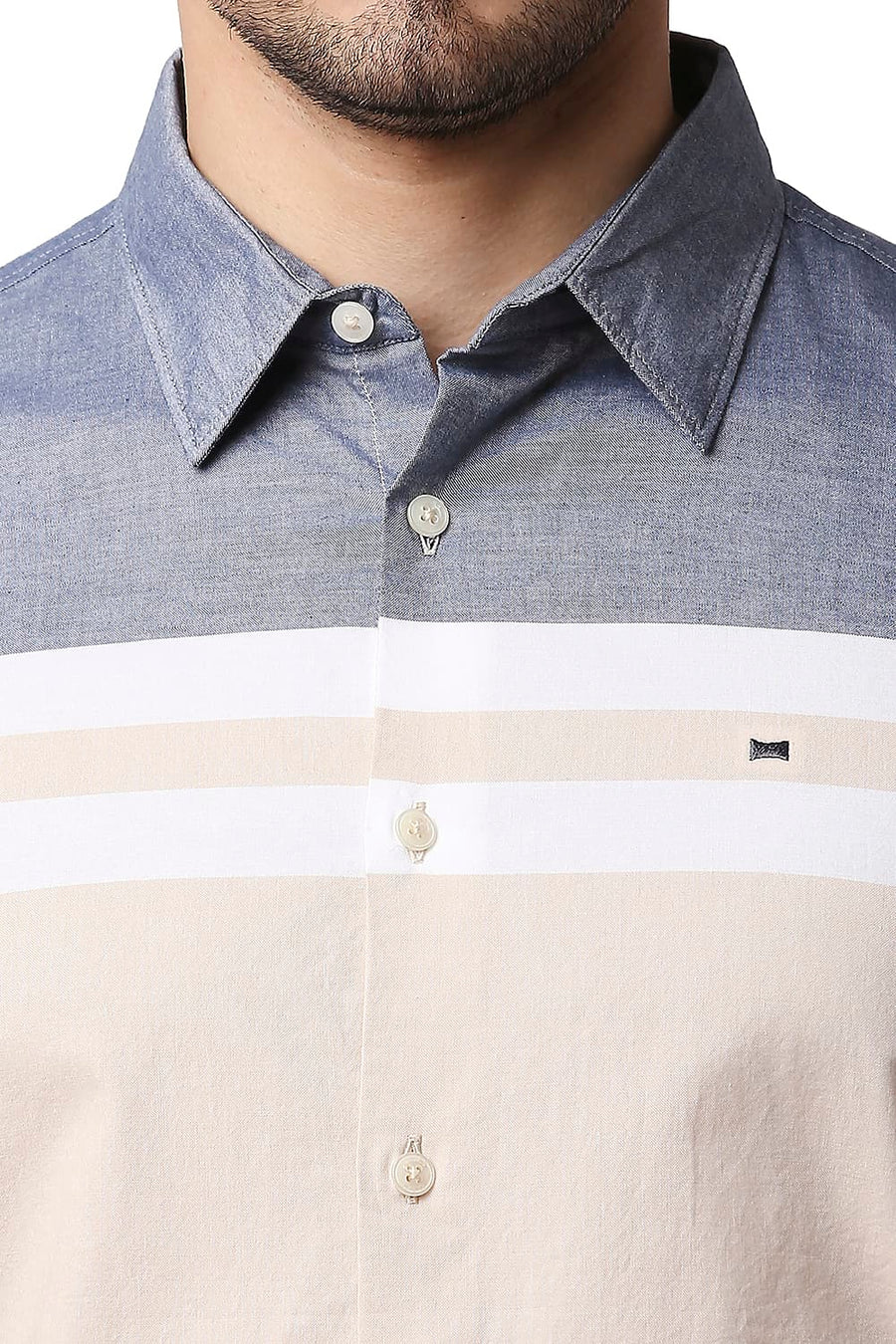 BASICS SLIM FIT SEMOLINA BEIGE OXFORD ENGINEERING WEFT STRIPE SHIRT