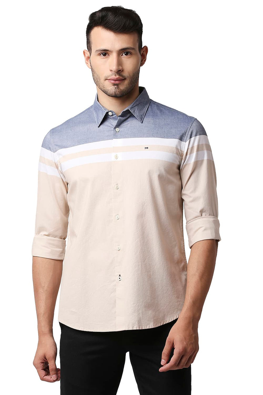 BASICS SLIM FIT SEMOLINA BEIGE OXFORD ENGINEERING WEFT STRIPE SHIRT