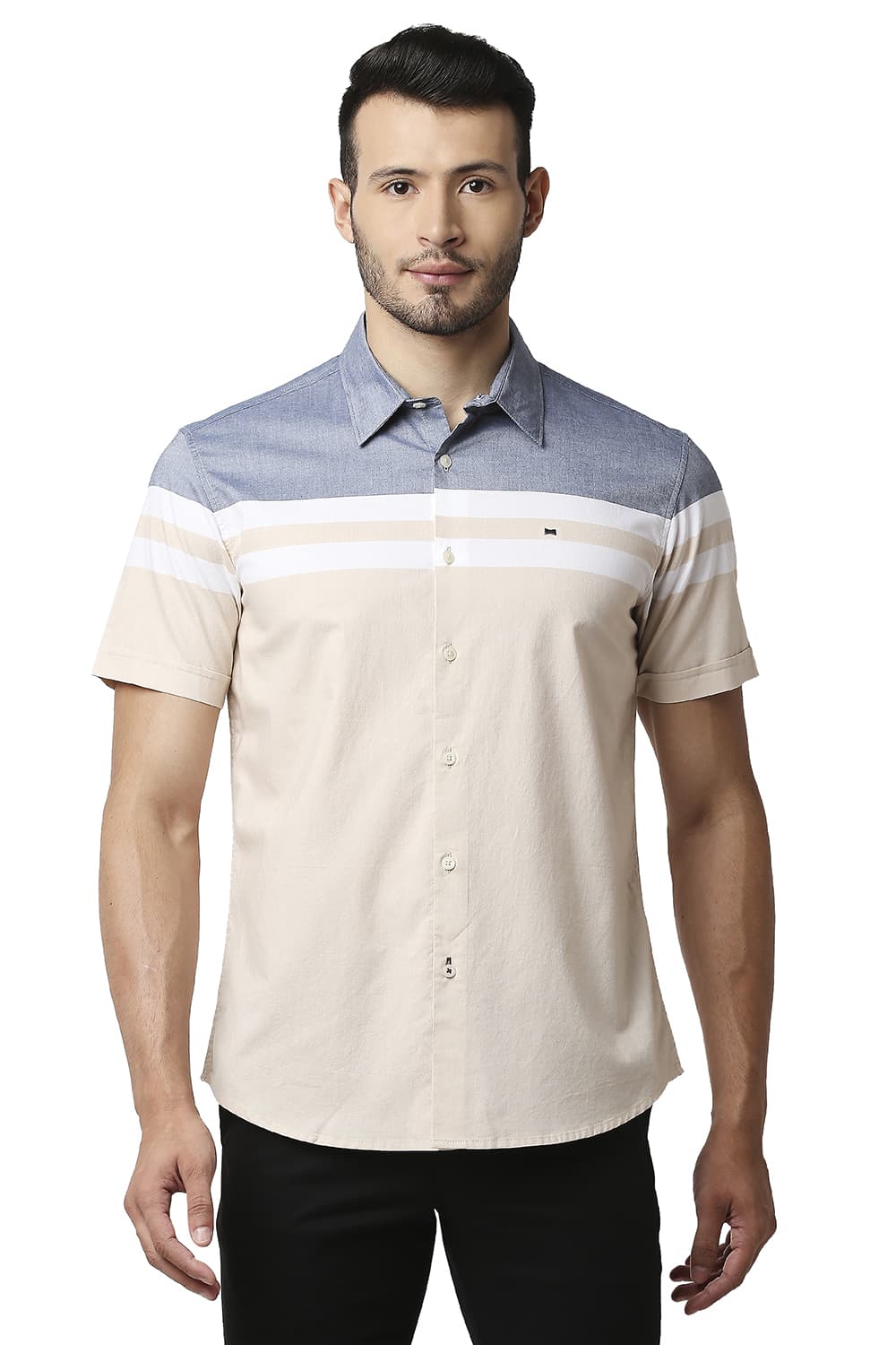 BASICS SLIM FIT OXFORD ENGINEERING WEFT STRIPE HALFSLEEVES SHIRT