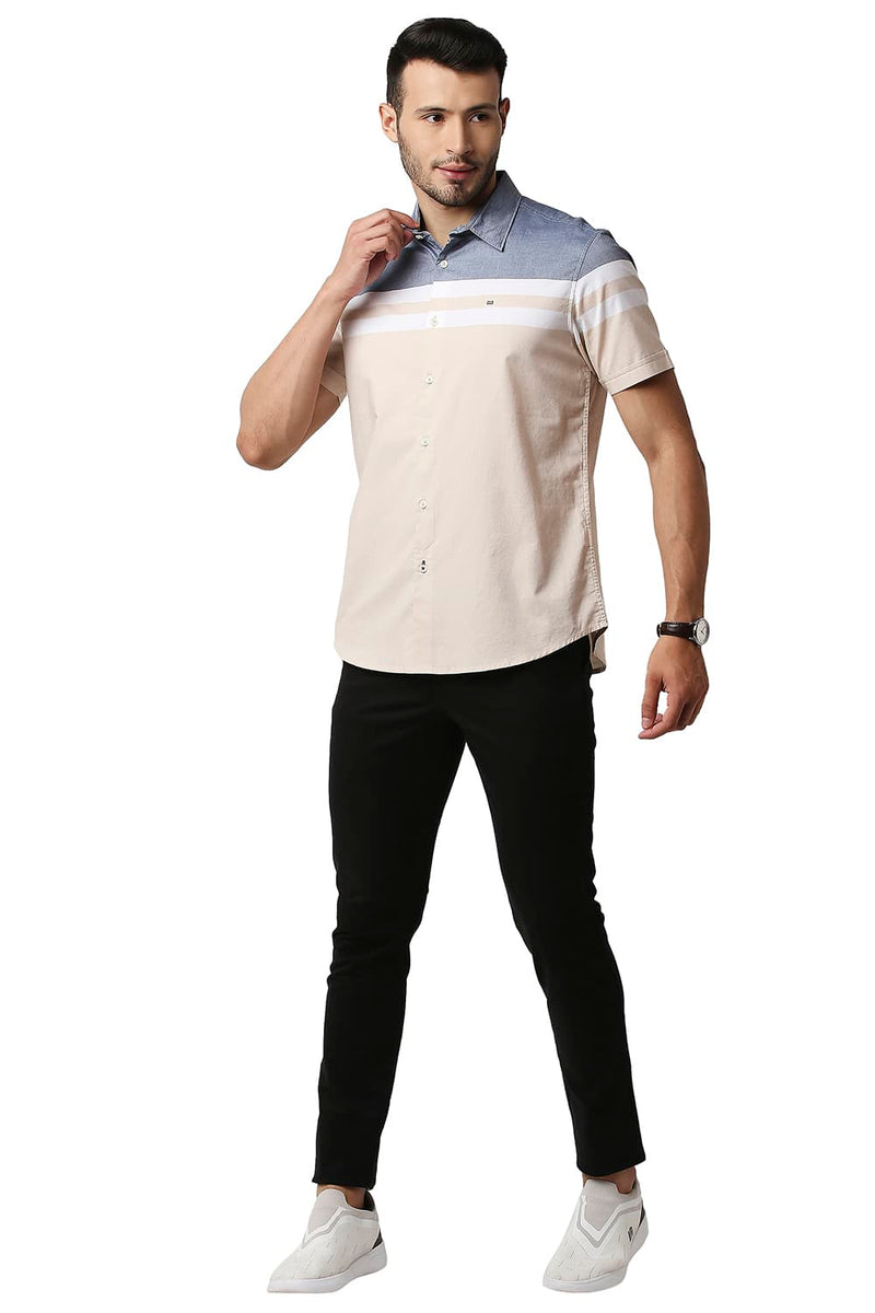 BASICS SLIM FIT OXFORD ENGINEERING WEFT STRIPE HALFSLEEVES SHIRT