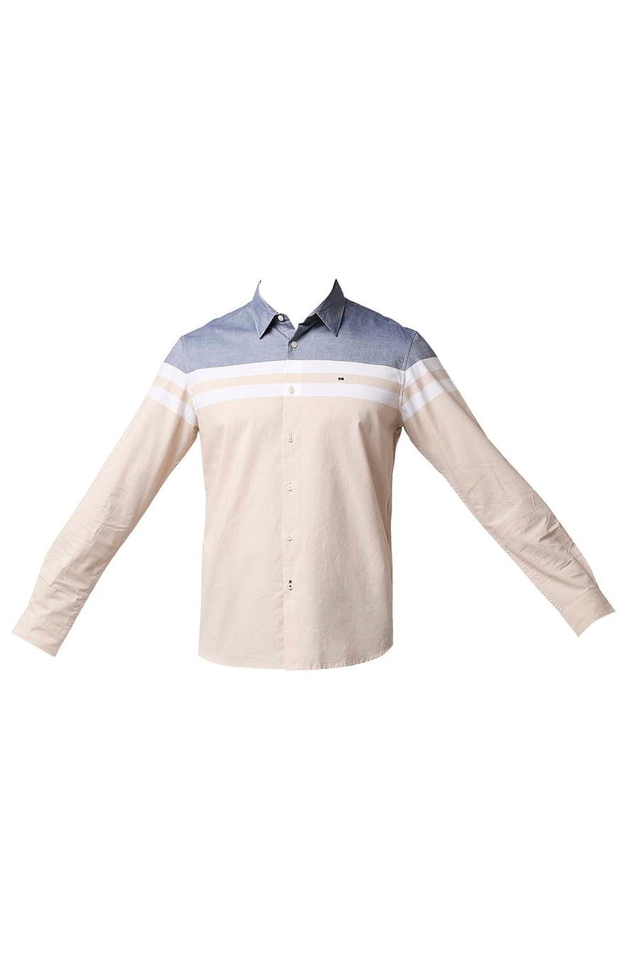 BASICS SLIM FIT SEMOLINA BEIGE OXFORD ENGINEERING WEFT STRIPE SHIRT