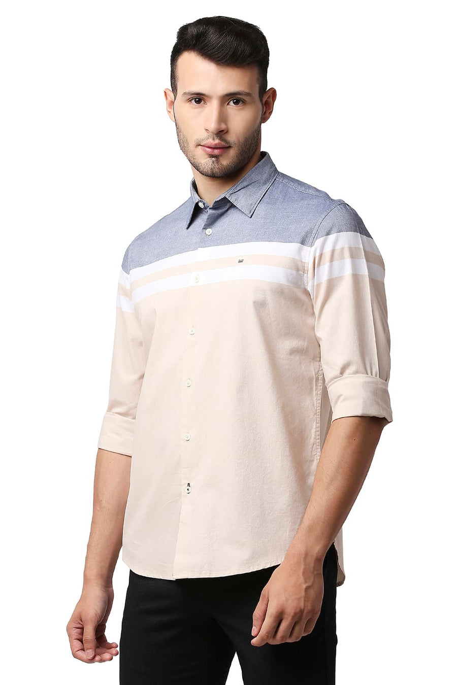 BASICS SLIM FIT SEMOLINA BEIGE OXFORD ENGINEERING WEFT STRIPE SHIRT
