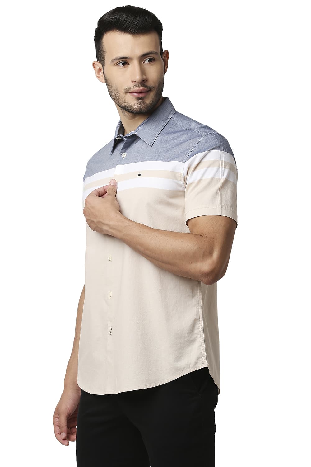 BASICS SLIM FIT OXFORD ENGINEERING WEFT STRIPE HALFSLEEVES SHIRT