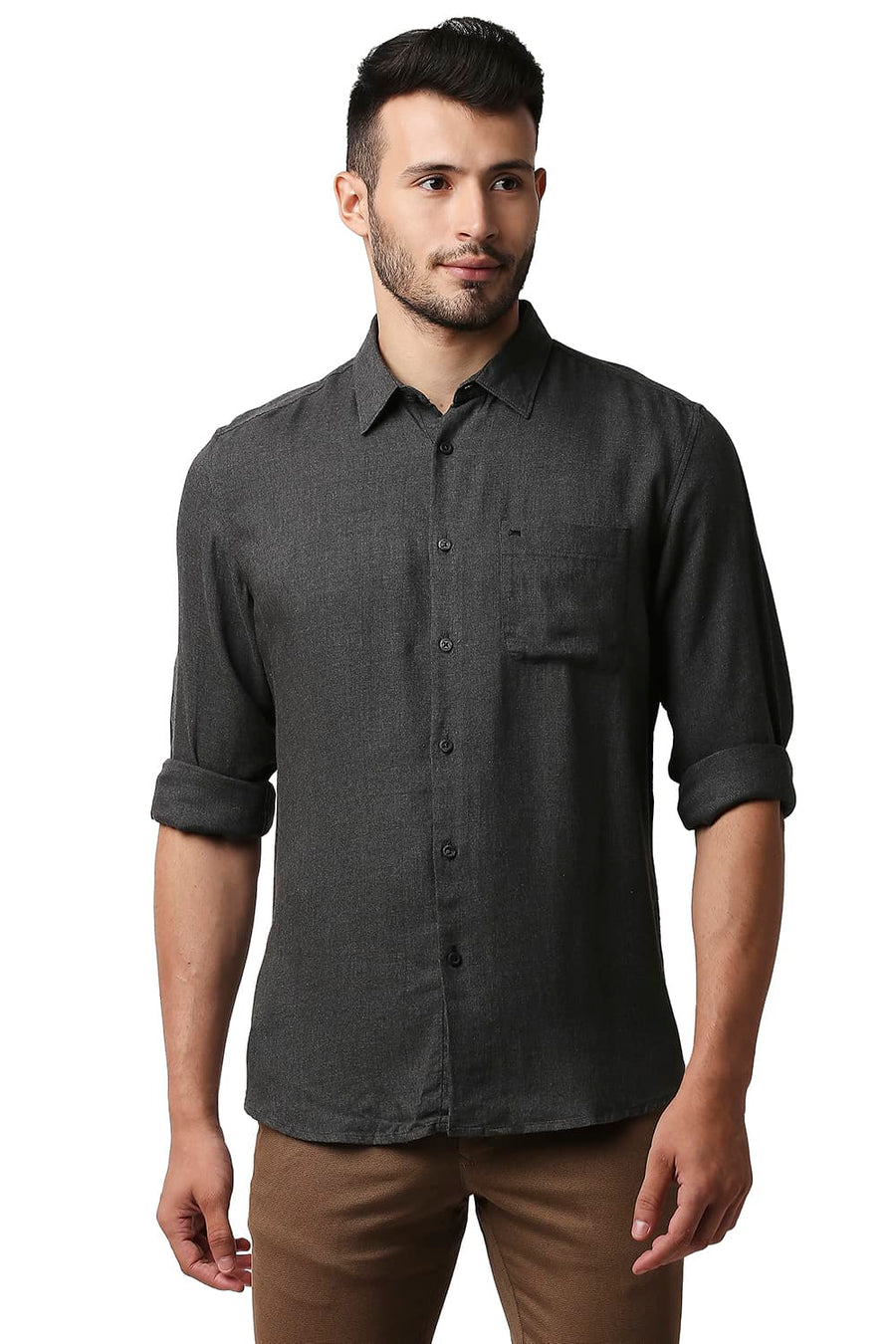 BASICS SLIM FIT GUNMETAL GREY LYOCELL MELANGE SHIRT