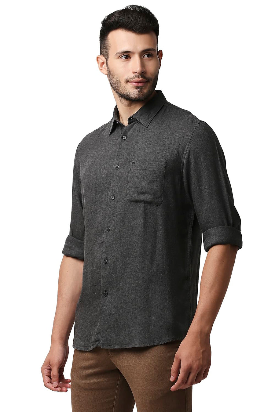 BASICS SLIM FIT GUNMETAL GREY LYOCELL MELANGE SHIRT