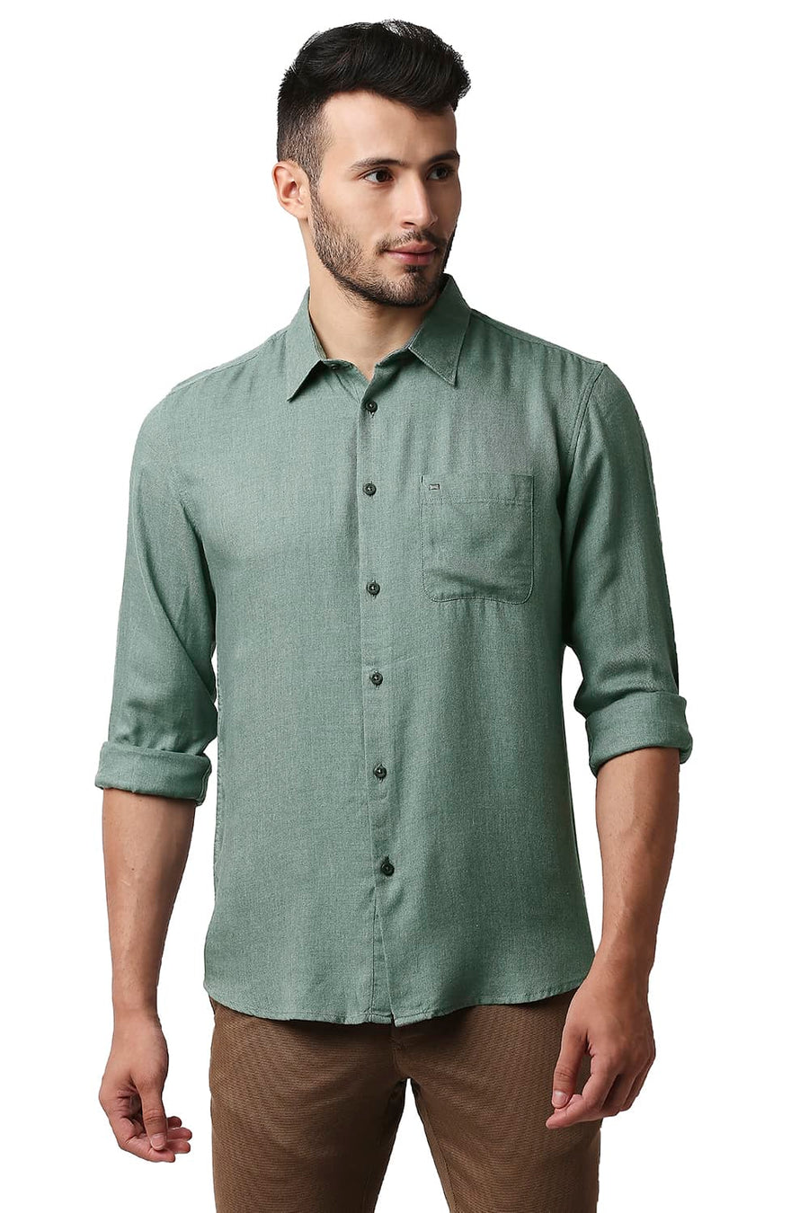 BASICS SLIM FIT PINE GREEN LYOCELL MELANGE SHIRT