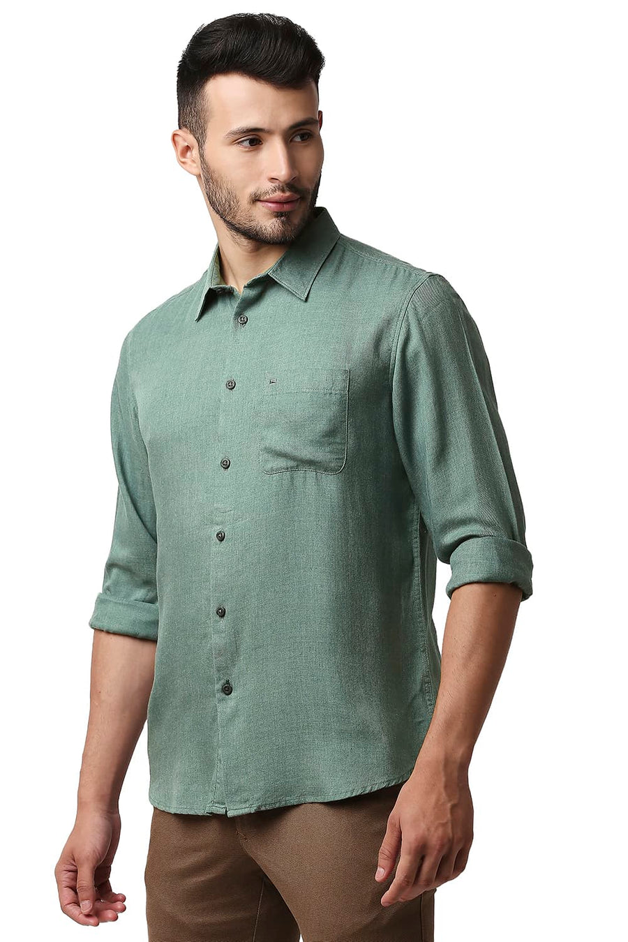 BASICS SLIM FIT PINE GREEN LYOCELL MELANGE SHIRT
