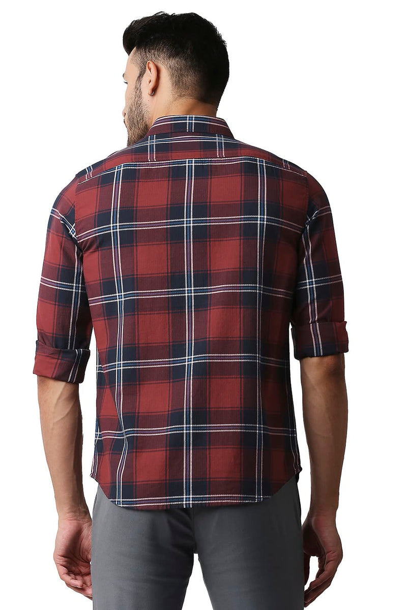 BASICS SLIM FIT HERRING BONE TWILL CHECKS SHIRT