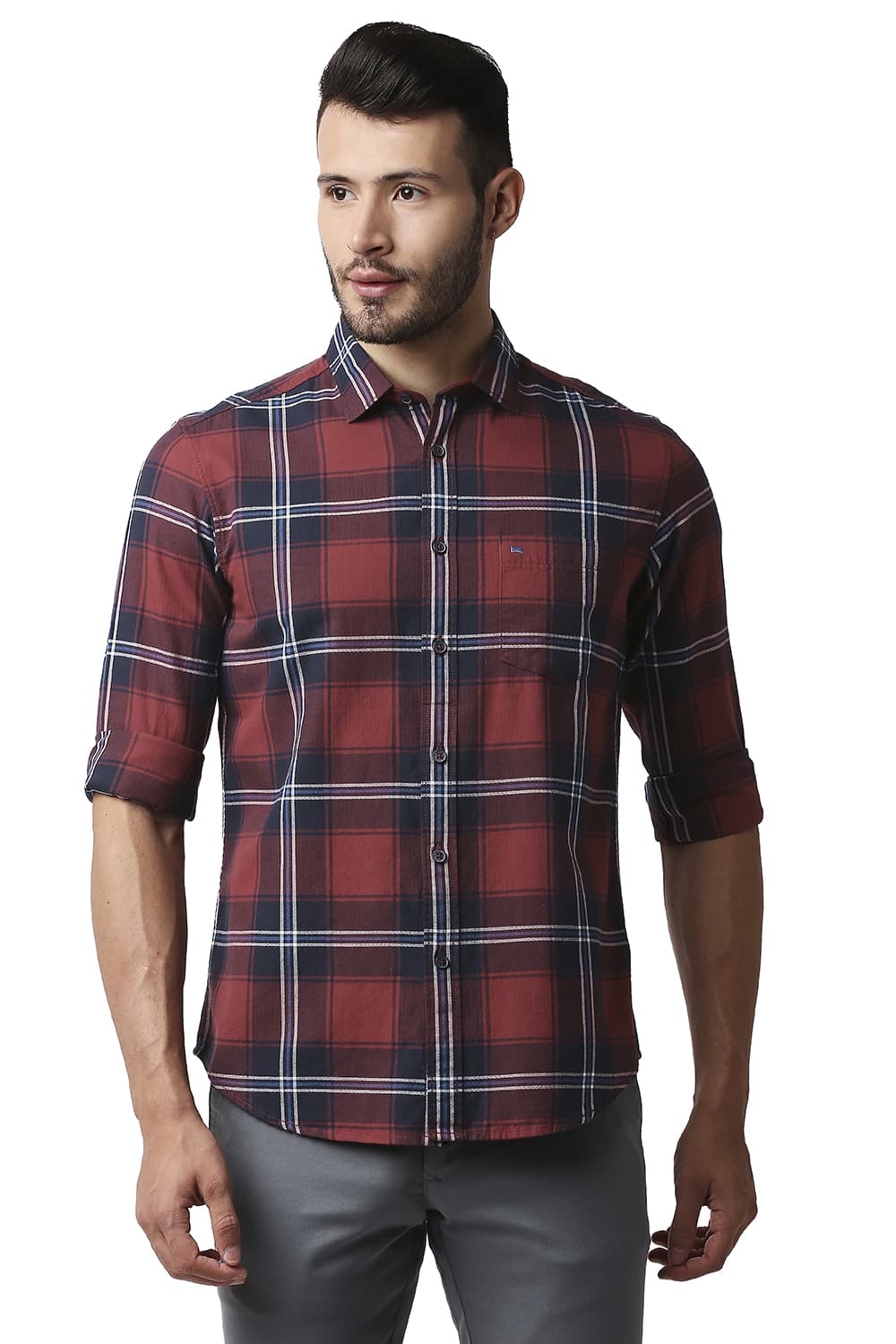 BASICS SLIM FIT HERRING BONE TWILL CHECKS SHIRT