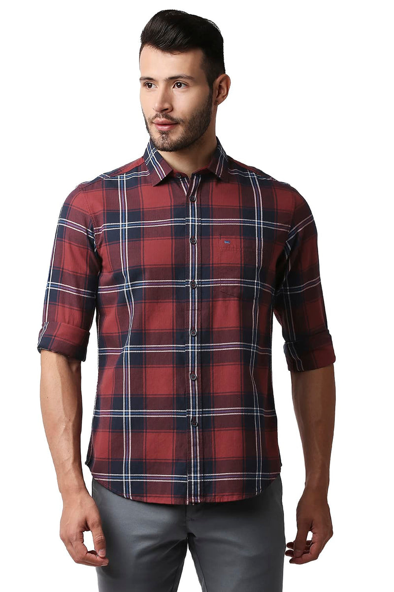 BASICS SLIM FIT HERRING BONE TWILL CHECKS SHIRT