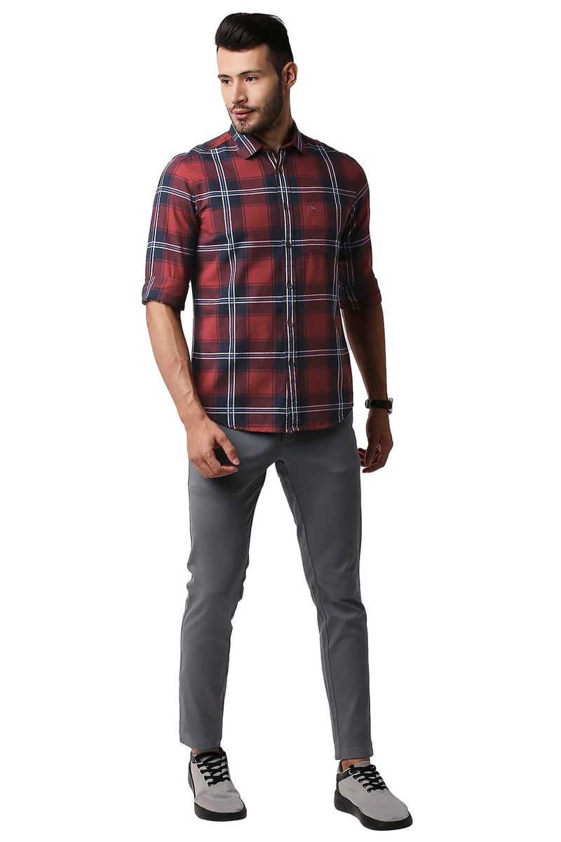 BASICS SLIM FIT HERRING BONE TWILL CHECKS SHIRT