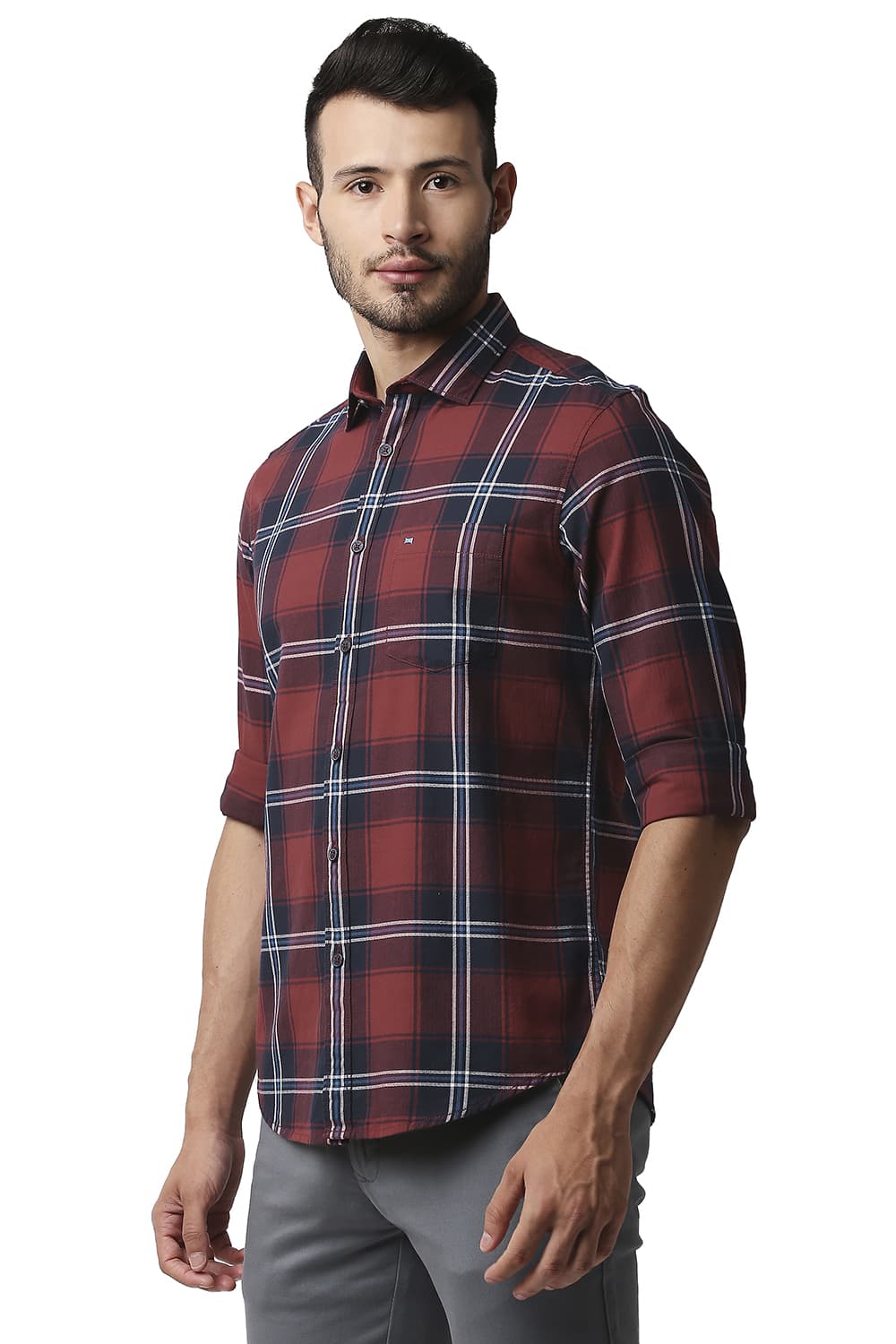 BASICS SLIM FIT HERRING BONE TWILL CHECKS SHIRT