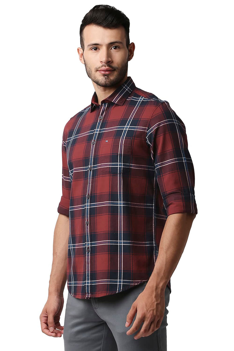 BASICS SLIM FIT HERRING BONE TWILL CHECKS SHIRT