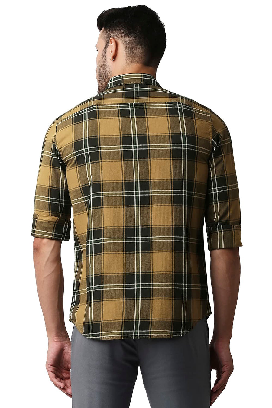 BASICS SLIM FIT KHAKI GOLD HERRING BONE TWILL CHECKS SHIRT