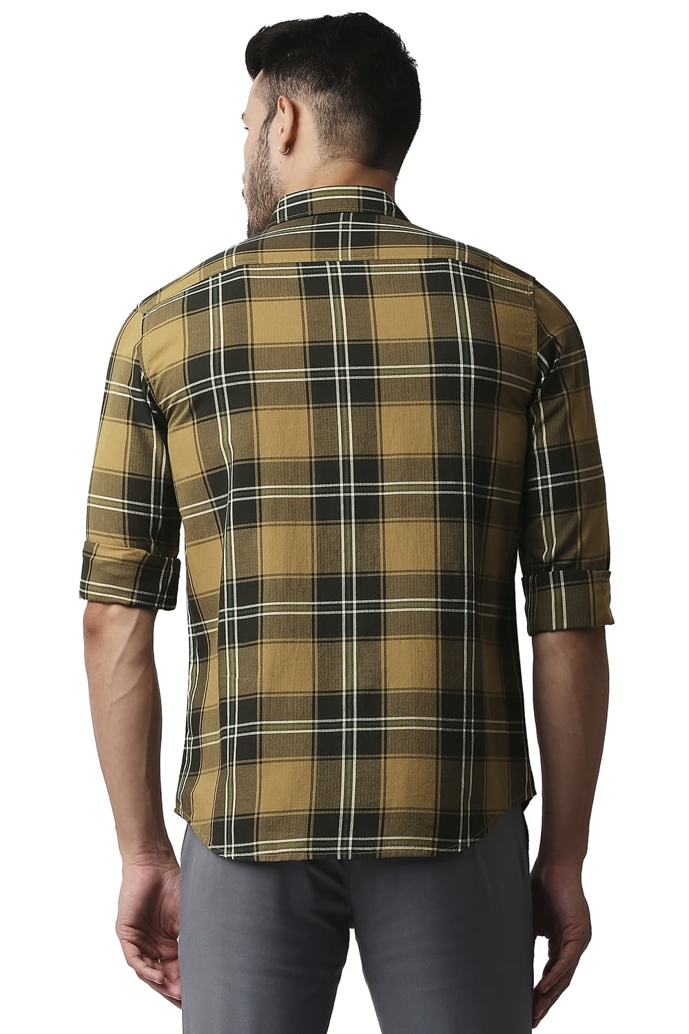 BASICS SLIM FIT HERRING BONE TWILL CHECKS SHIRT