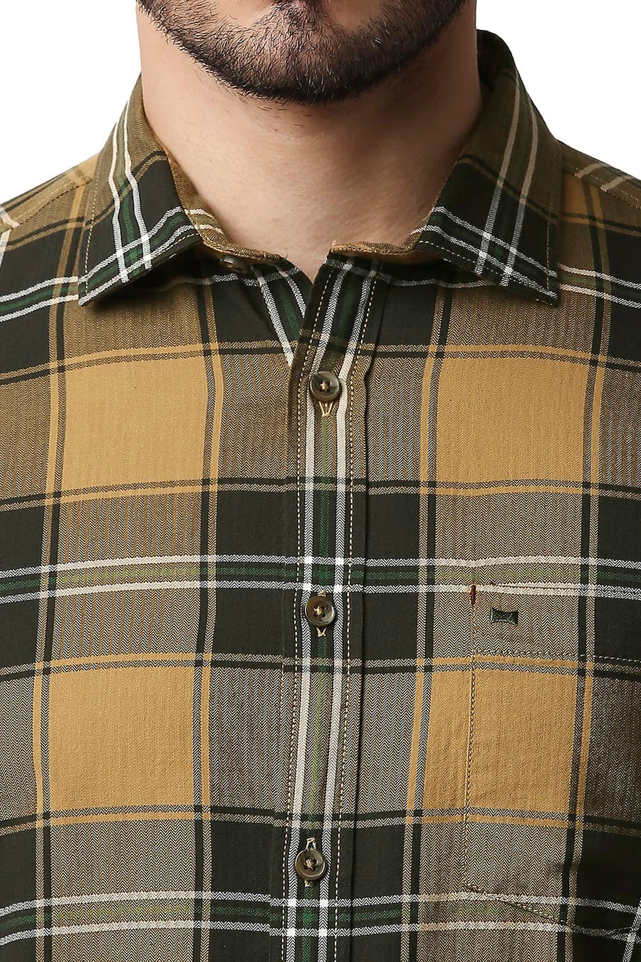 BASICS SLIM FIT KHAKI GOLD HERRING BONE TWILL CHECKS SHIRT