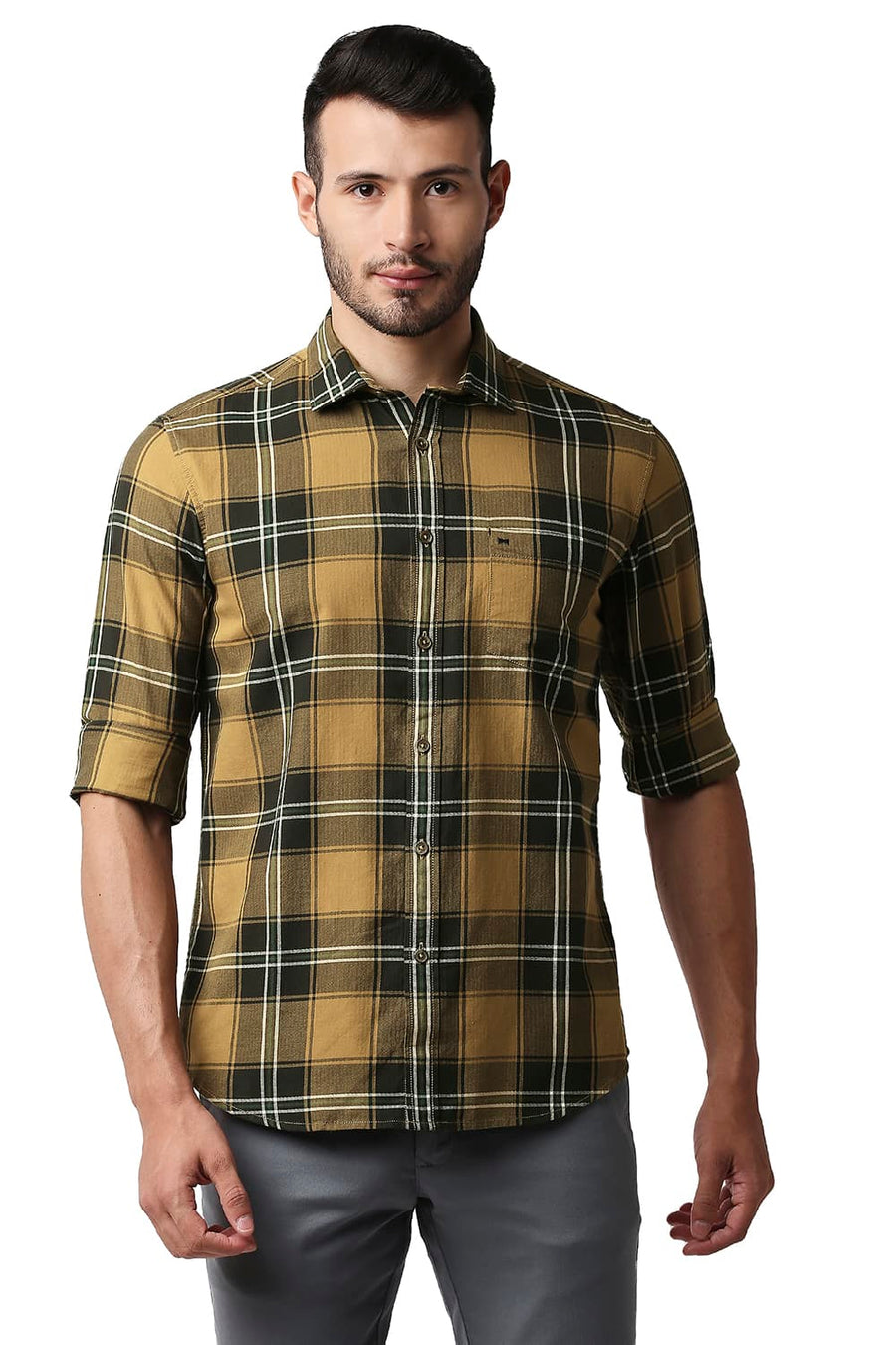 BASICS SLIM FIT KHAKI GOLD HERRING BONE TWILL CHECKS SHIRT