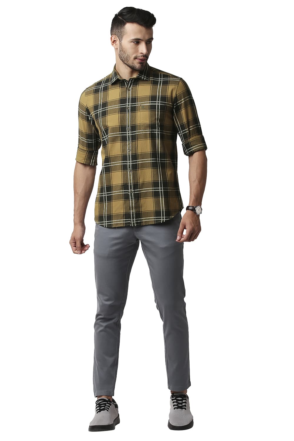 BASICS SLIM FIT HERRING BONE TWILL CHECKS SHIRT