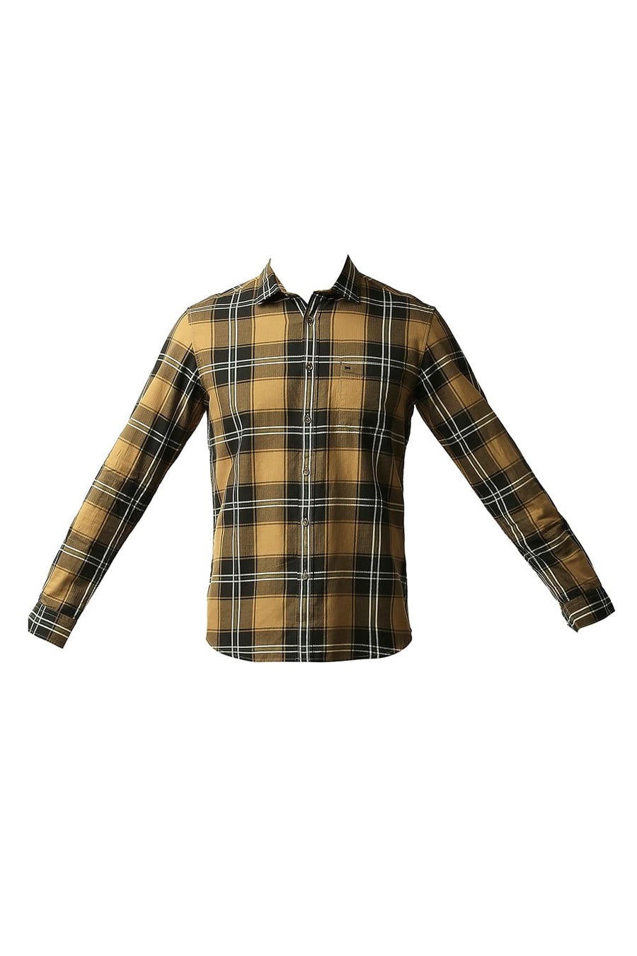 BASICS SLIM FIT KHAKI GOLD HERRING BONE TWILL CHECKS SHIRT