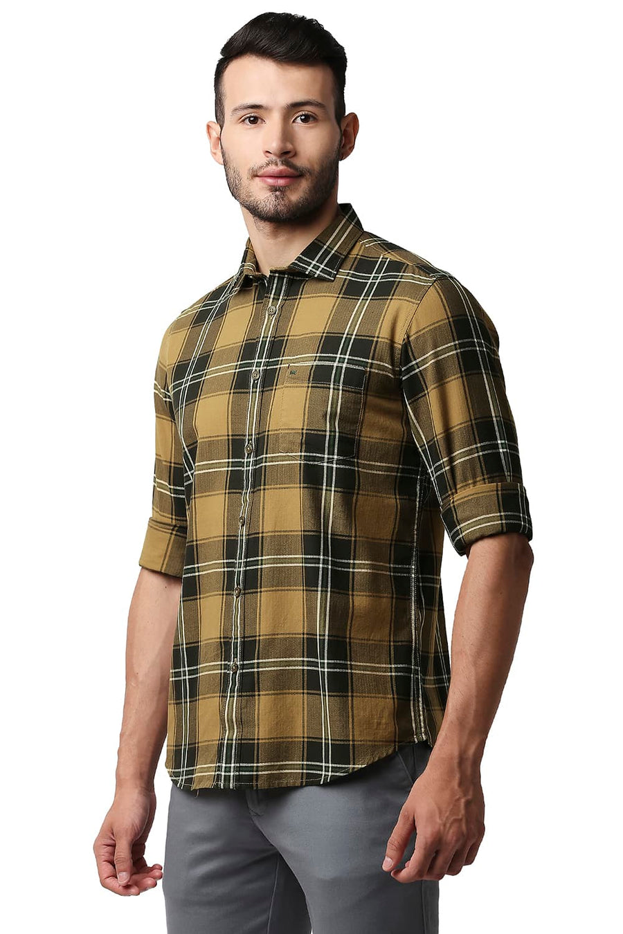 BASICS SLIM FIT KHAKI GOLD HERRING BONE TWILL CHECKS SHIRT