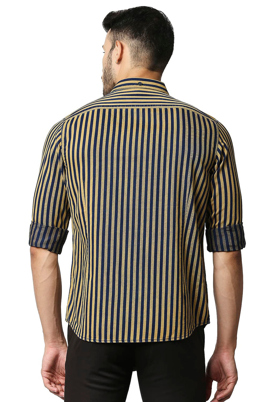 BASICS SLIM FIT MISTED YELLOW INDIGO STRIPE SHIRT