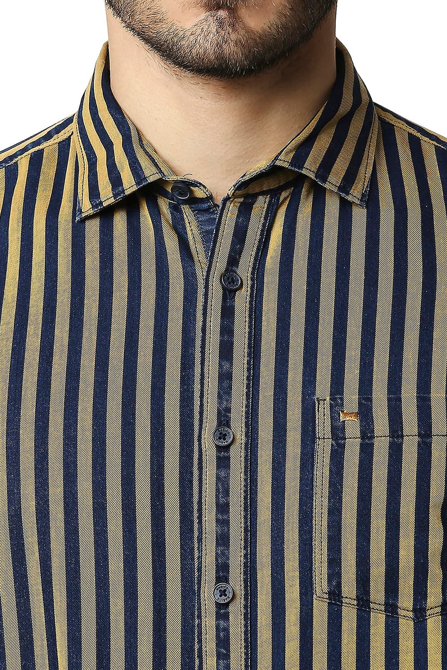 BASICS SLIM FIT MISTED YELLOW INDIGO STRIPE SHIRT