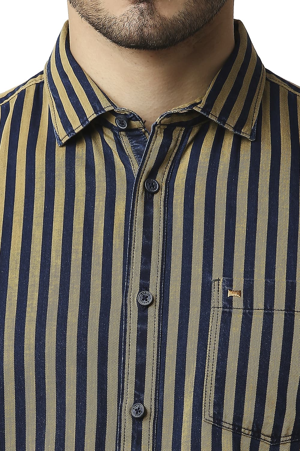 BASICS SLIM FIT INDIGO STRIPE HALFSLEEVES SHIRT