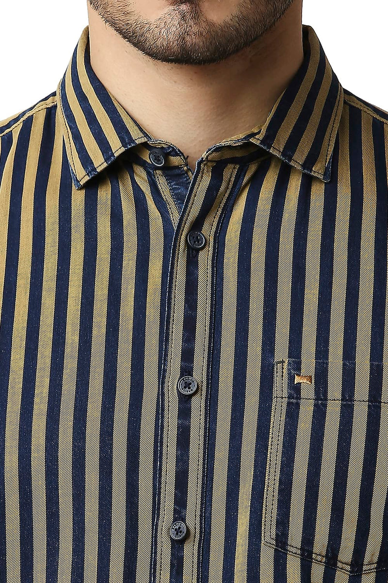 BASICS SLIM FIT INDIGO STRIPE HALFSLEEVES SHIRT