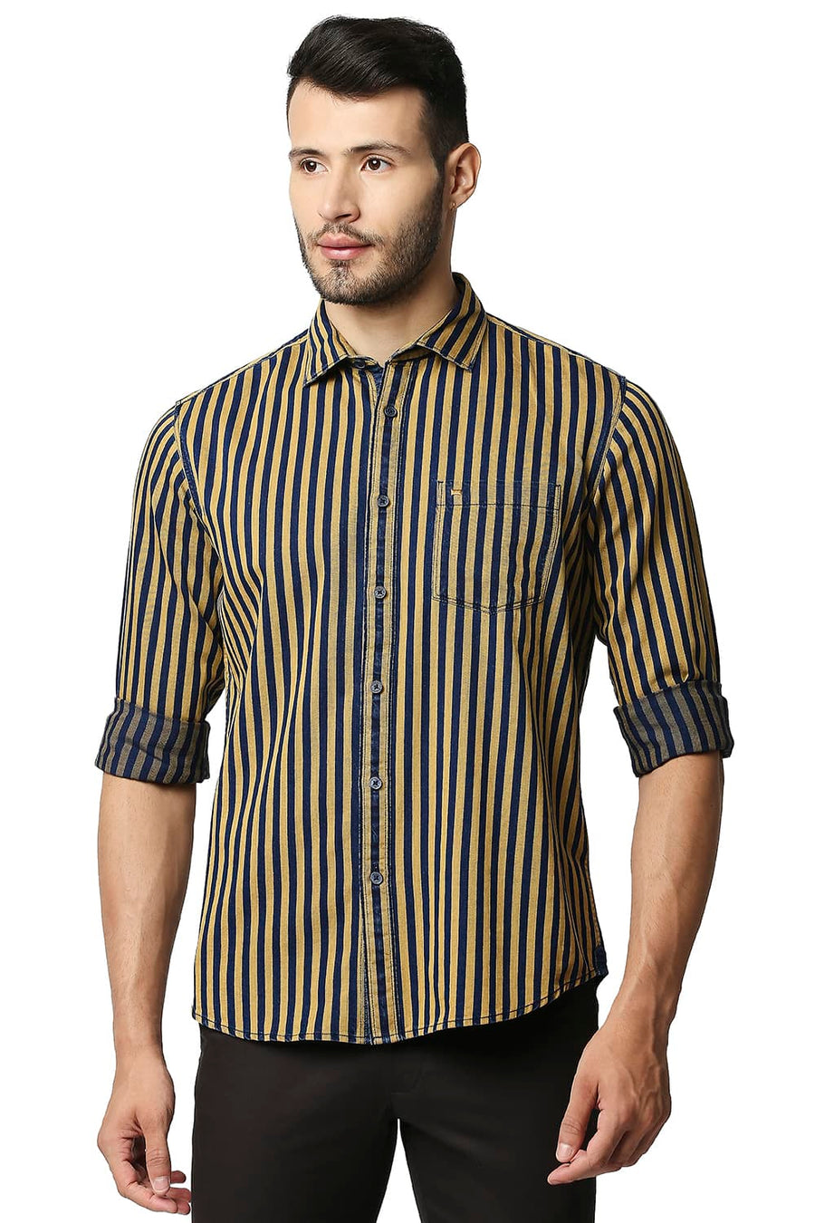 BASICS SLIM FIT MISTED YELLOW INDIGO STRIPE SHIRT
