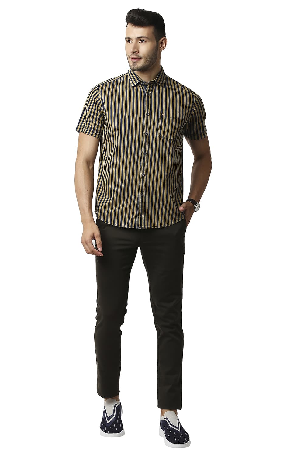 BASICS SLIM FIT INDIGO STRIPE HALFSLEEVES SHIRT