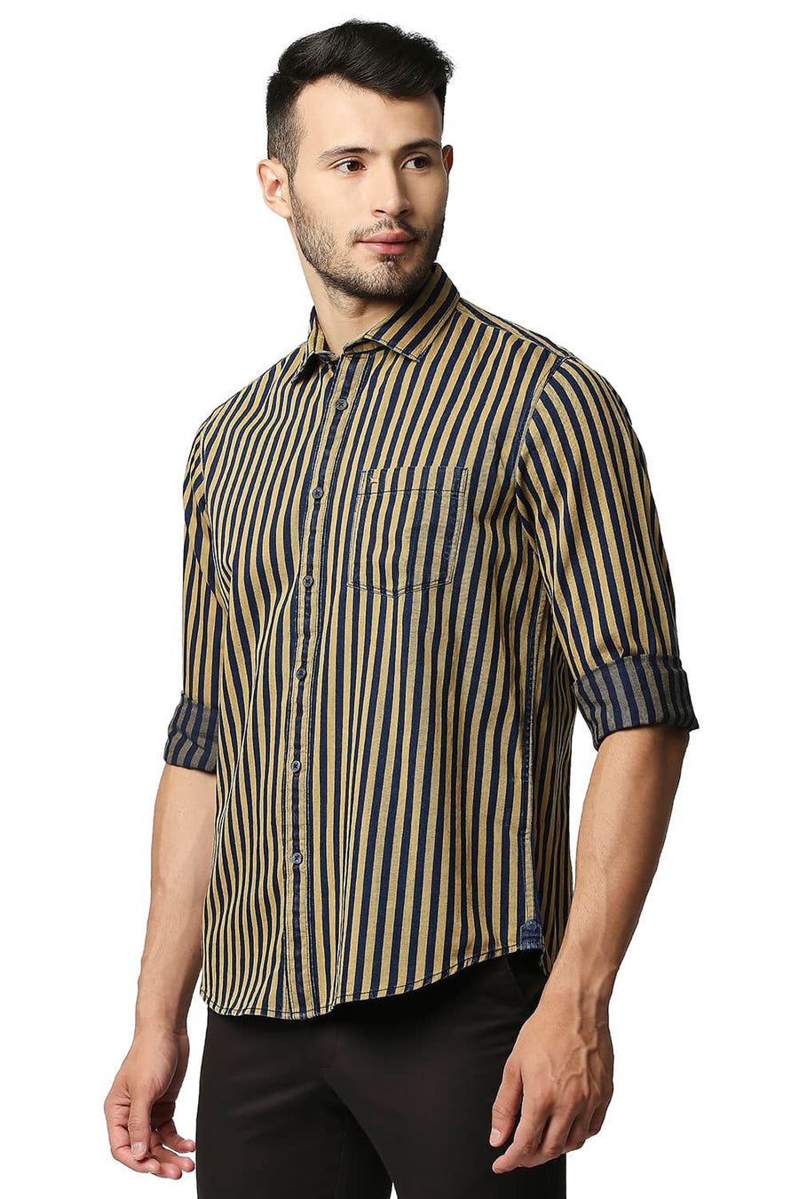 BASICS SLIM FIT MISTED YELLOW INDIGO STRIPE SHIRT