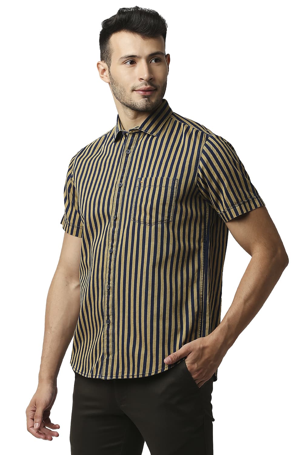 BASICS SLIM FIT INDIGO STRIPE HALFSLEEVES SHIRT