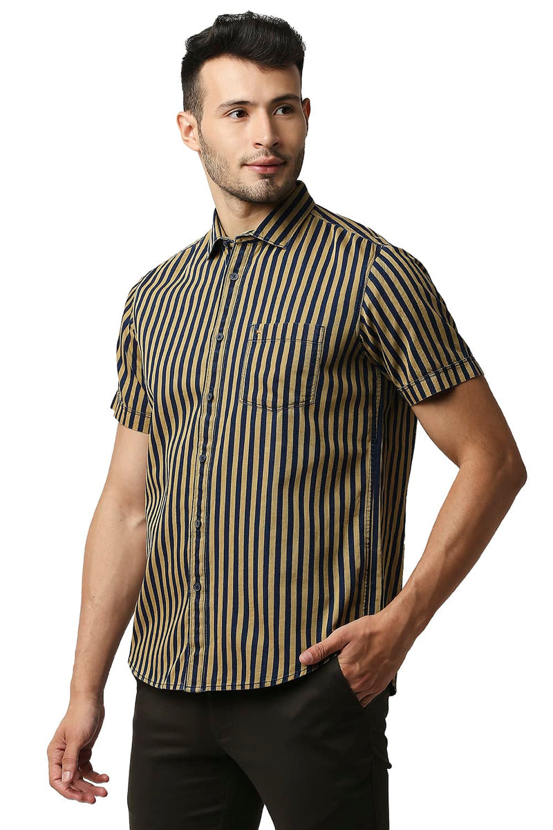 BASICS SLIM FIT INDIGO STRIPE HALFSLEEVES SHIRT