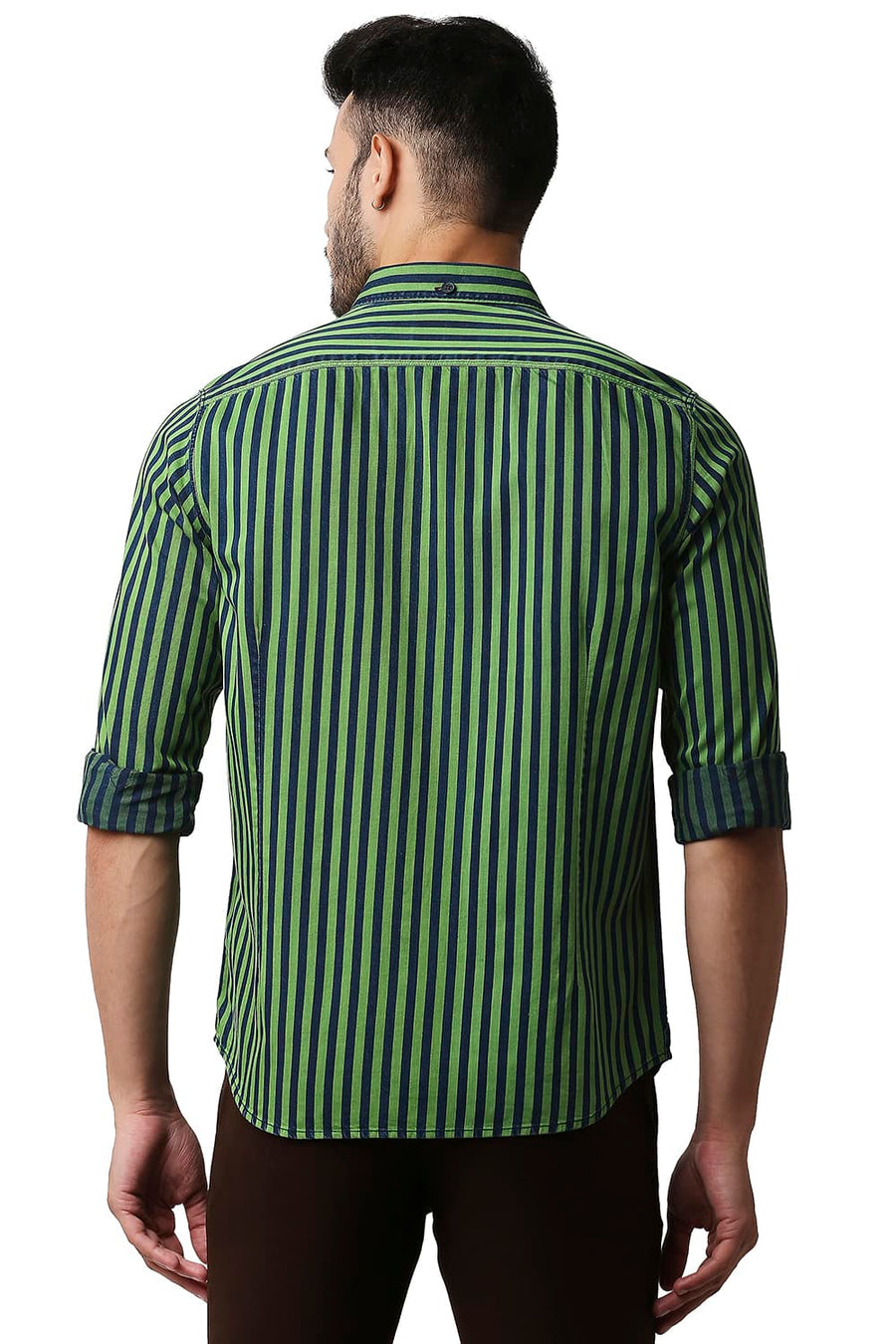 BASICS SLIM FIT BUD GREEN INDIGO STRIPE SHIRT