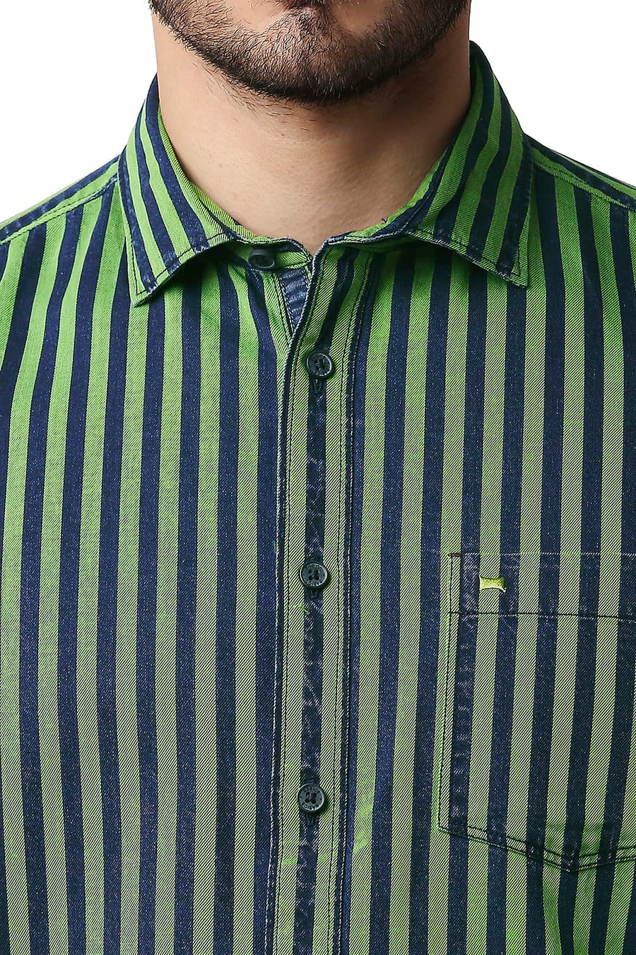 BASICS SLIM FIT BUD GREEN INDIGO STRIPE SHIRT