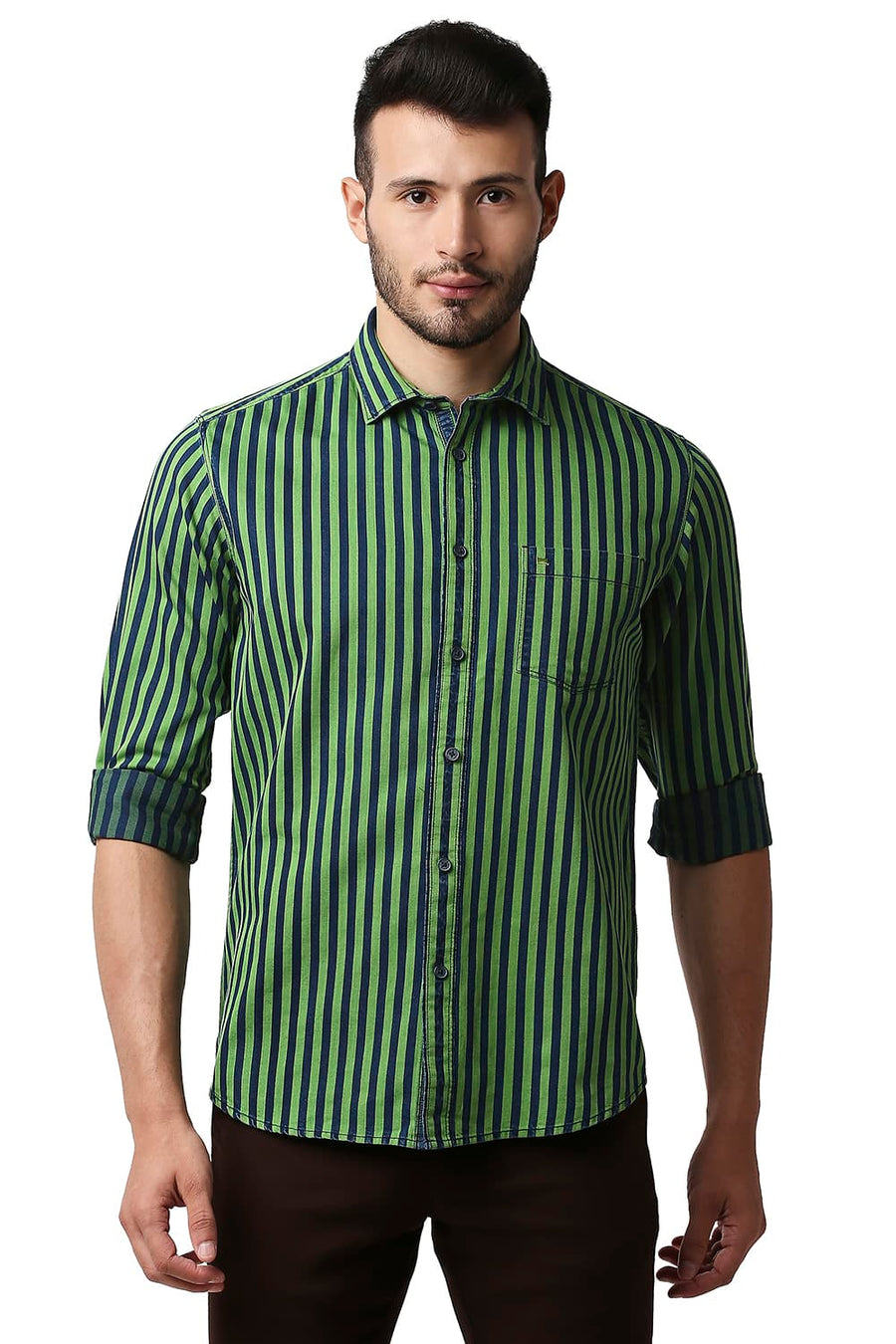 BASICS SLIM FIT BUD GREEN INDIGO STRIPE SHIRT
