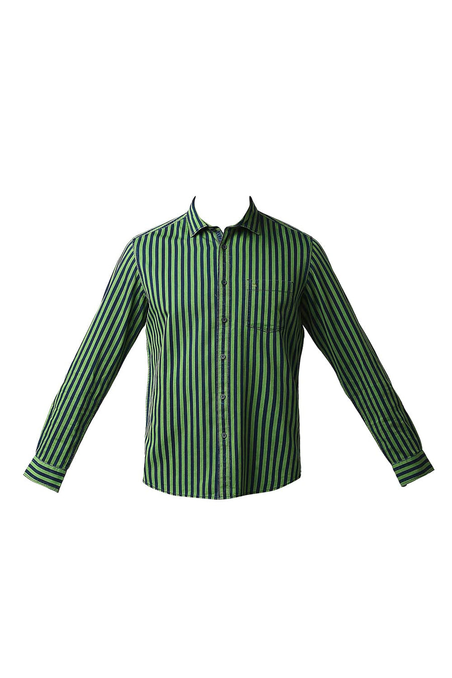 BASICS SLIM FIT BUD GREEN INDIGO STRIPE SHIRT