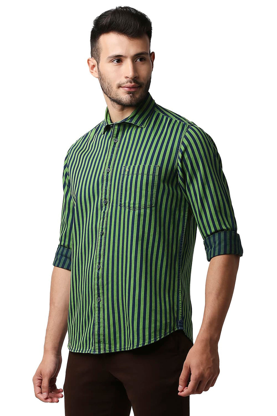 BASICS SLIM FIT BUD GREEN INDIGO STRIPE SHIRT