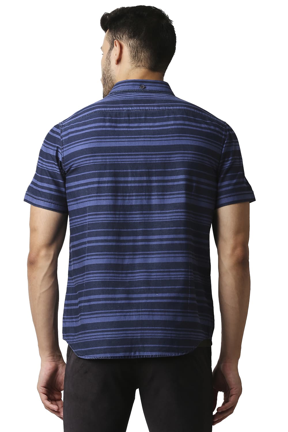 BASICS SLIM FIT INDIGO WEFT STRIPE HALFSLEEVES SHIRT