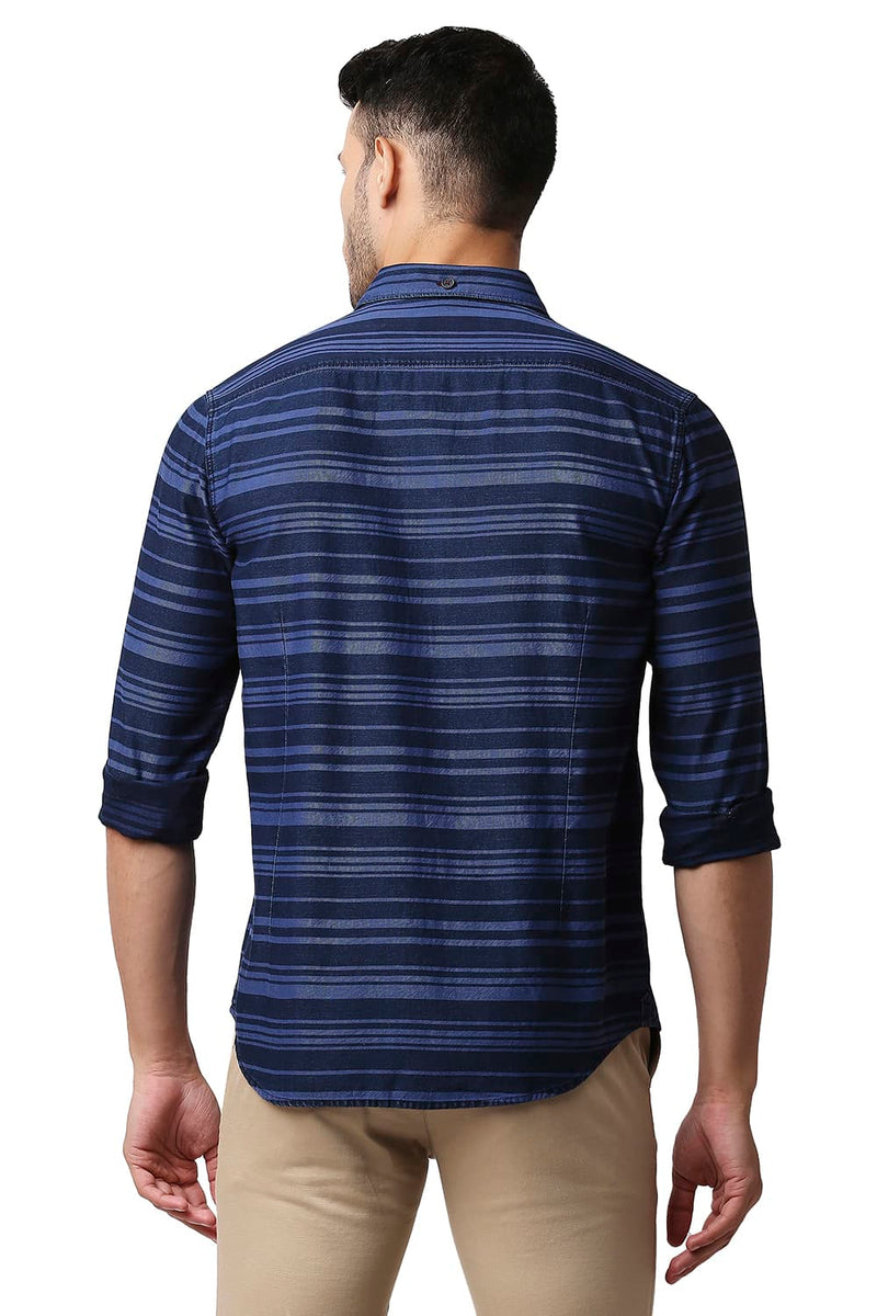 BASICS SLIM FIT INDIGO WEFT STRIPE SHIRT