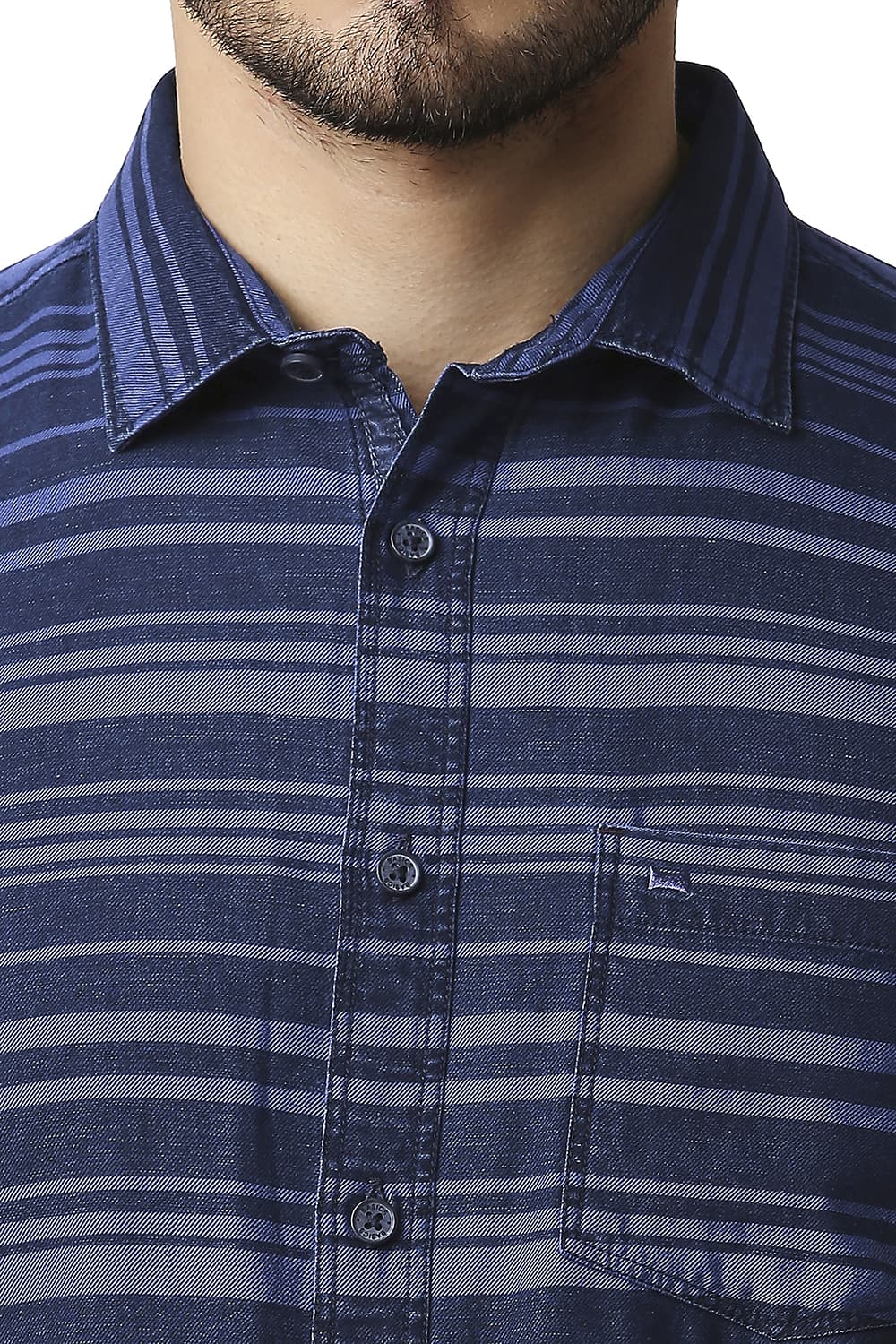 BASICS SLIM FIT INDIGO WEFT STRIPE HALFSLEEVES SHIRT