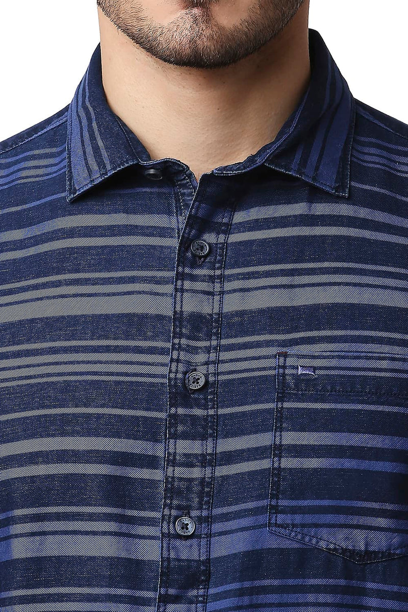 BASICS SLIM FIT INDIGO WEFT STRIPE SHIRT