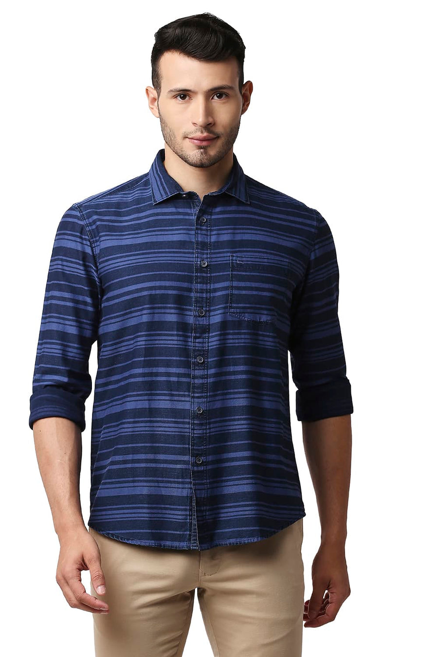BASICS SLIM FIT ALLURE BLUE INDIGO WEFT STRIPE SHIRT