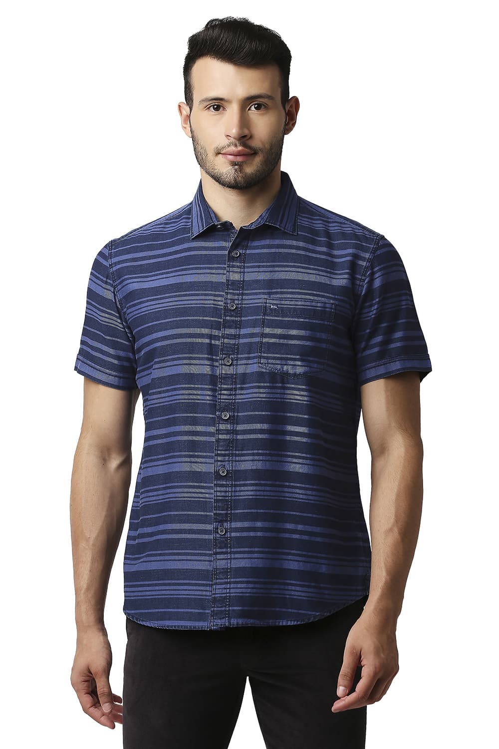 BASICS SLIM FIT INDIGO WEFT STRIPE SHIRT