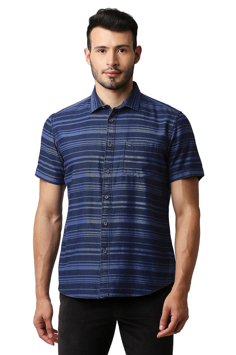 BASICS SLIM FIT INDIGO WEFT STRIPE SHIRT