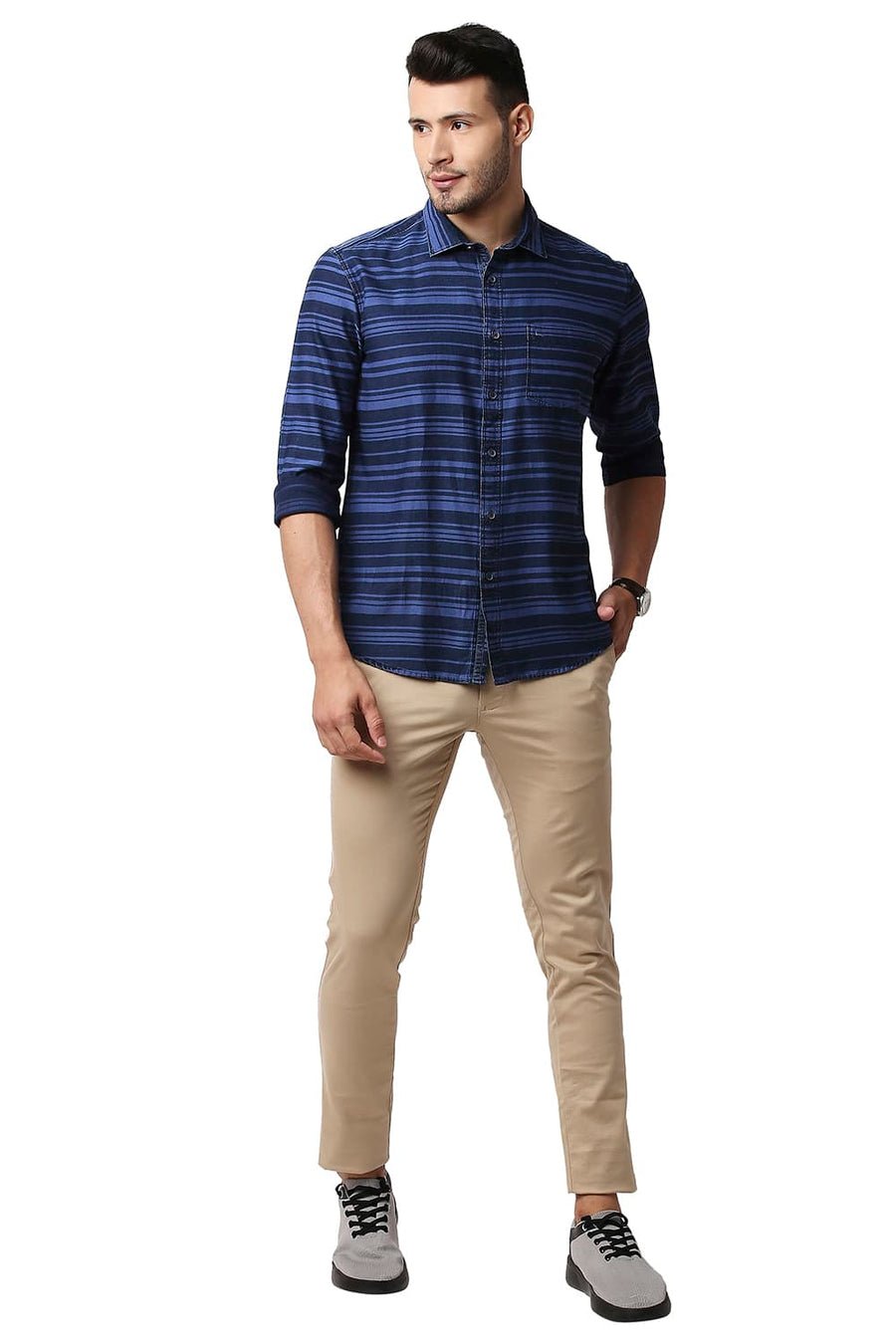BASICS SLIM FIT ALLURE BLUE INDIGO WEFT STRIPE SHIRT