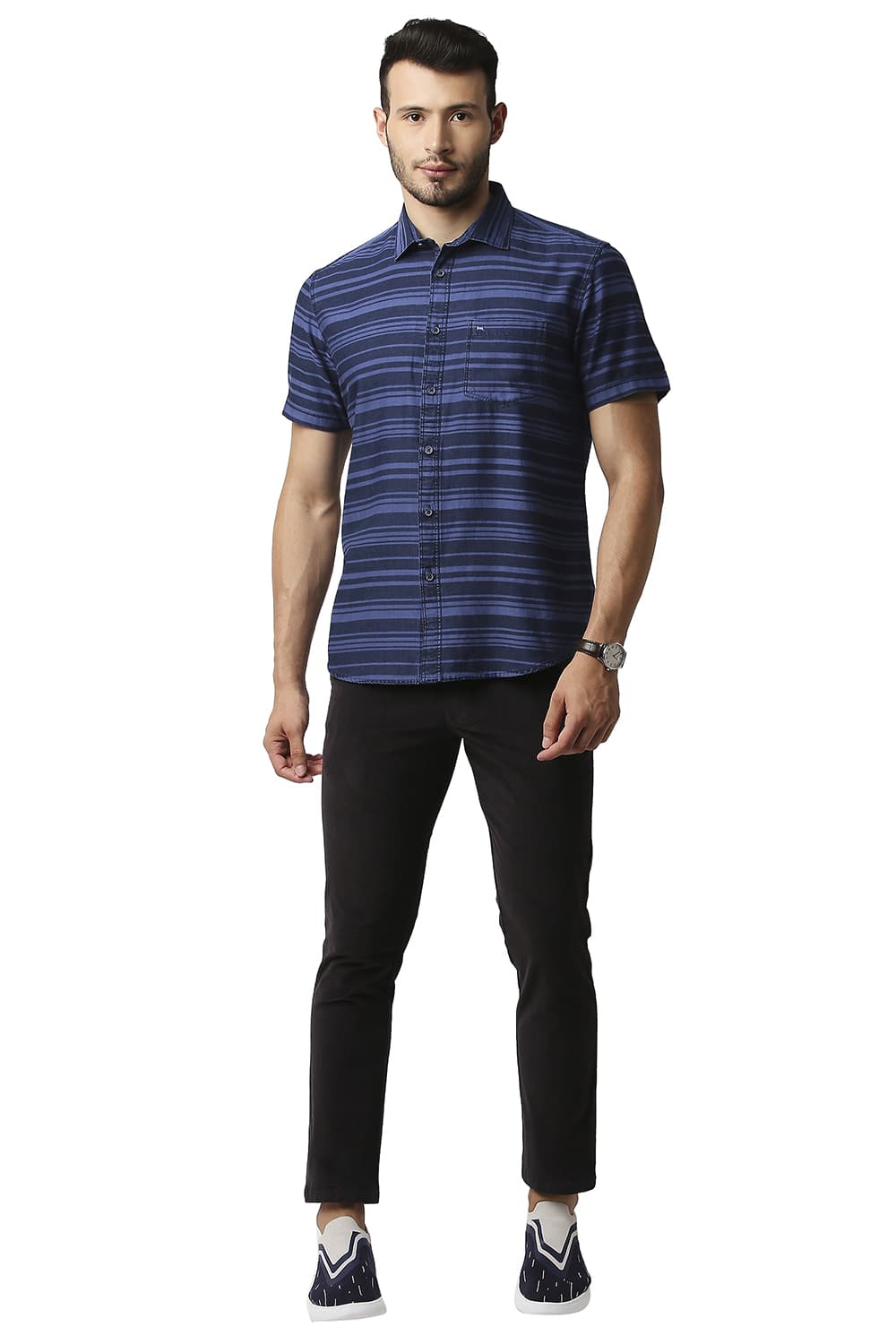 BASICS SLIM FIT INDIGO WEFT STRIPE HALFSLEEVES SHIRT