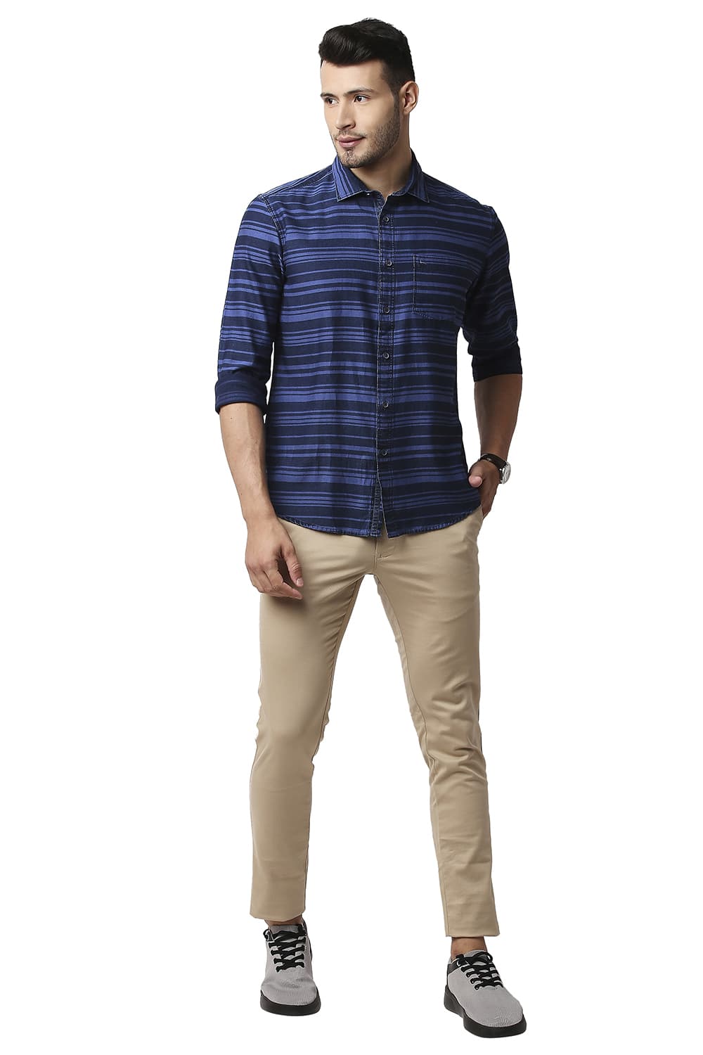 BASICS SLIM FIT INDIGO WEFT STRIPE SHIRT