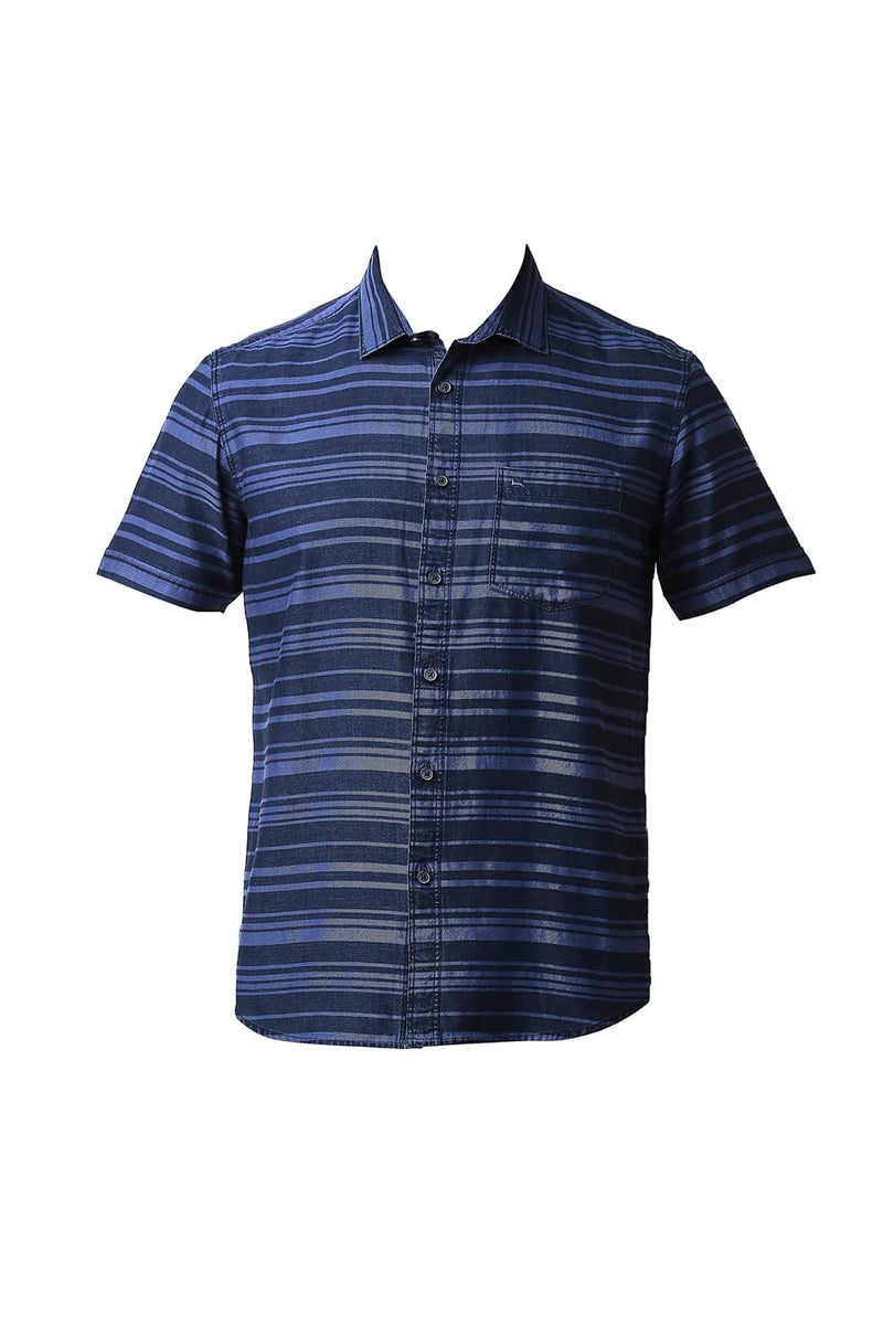 BASICS SLIM FIT INDIGO WEFT STRIPE HALFSLEEVES SHIRT