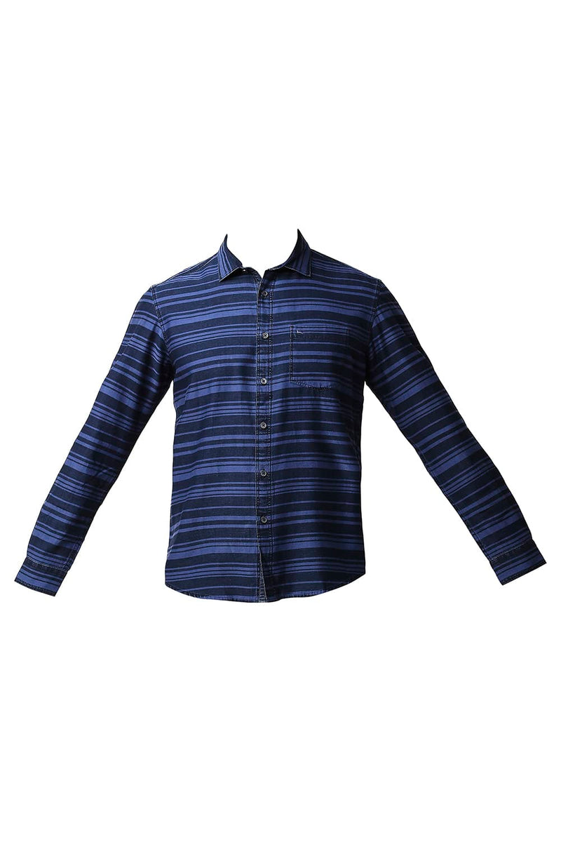 BASICS SLIM FIT INDIGO WEFT STRIPE SHIRT